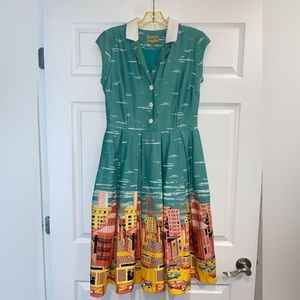 Lindy Bop Teal Cityscape Midi Dress